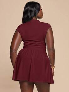 SHEIN BAE Plus Size Women Solid Color Pleated Elegant Waist Cinched Cocktail Party Dress - Maroon - View 5