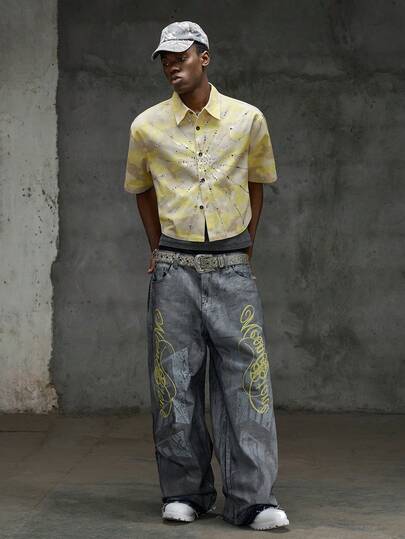 NEON BLANC Áo sơ mi denim nam tay ngắn cài một hàng khuy, họa tiết rằn ri, đính đá.
