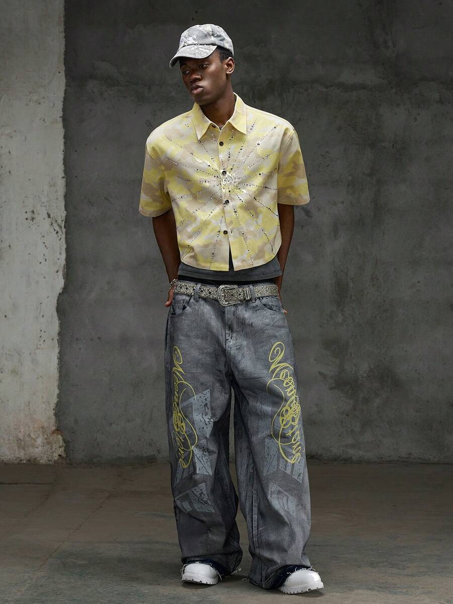 NEON BLANC Men's Short Sleeve Single-Breasted Camouflage Rhinestone Denim Shirt - Yellow - View 1