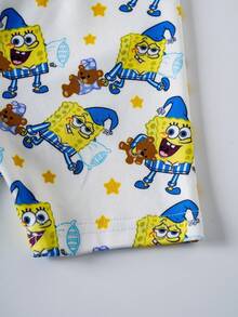 SpongeBob SquarePants | SHEIN 男婴卡通印花短袖上衣和短裤贴身睡衣套装，夏季 - 藍白色 - 查看 5