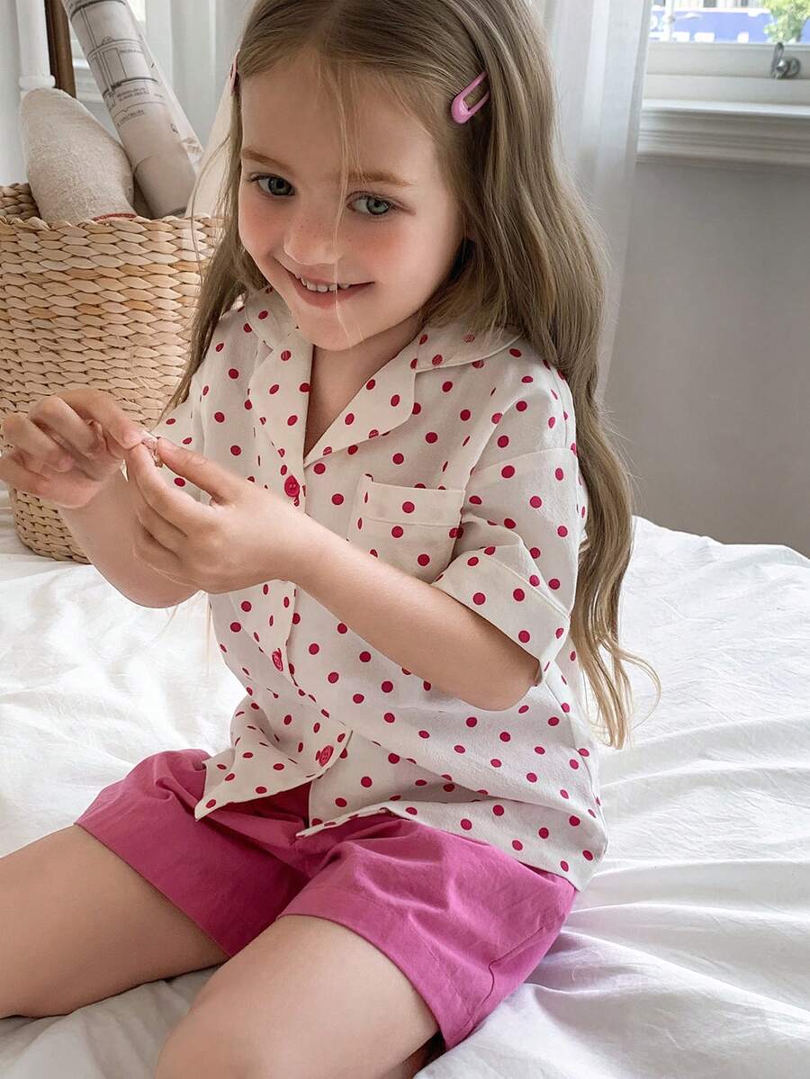DAZY Young Girls Collar Short Sleeve Shirt Top + Casual Shorts Set, Pajamas - Baby Pink - View 1