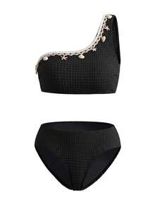 Swim Oasis Women's Summer New Beach Swim Fashion Vacation Exquisite High-End Elegant Textured Fabric Ocean Shell Woven Strap Pendant Decor Bandeau Asymmetrical Neck Bikini With Drawstring Adjustable Skirt 3-Piece Swimwear Set Suitable For Beach Vacation Swimming - Black - View 4