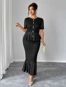 Elenzga Damen Outfit in Große Größen, 2-teiliges Set, Spitze Mesh Einsatz, transparent, sexy, elegant, Rüschenärmel Bluse und Fishtail Rock, bequemer, dehnbarer schwarzer Anzug für Party, Tee, Bankett - Schwarz - Übersicht 6