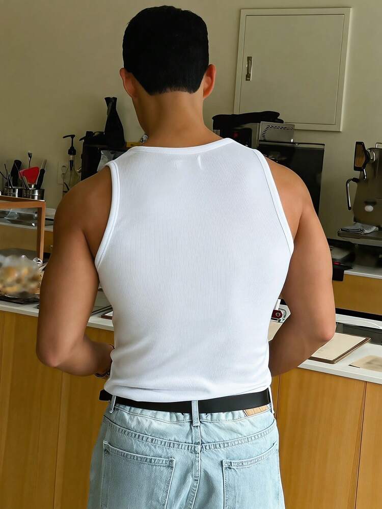 Men's White Textured Fabric Rhinestone Design Top Summer