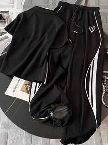 Resyla Stand Collar Raglan Short Sleeve Top + Casual Pants Set - Black - View 2