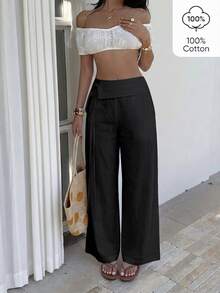 Sunnyshic Quần cotton ống cong, cạp chun, có thể gập lại. - màu đen - Xem 4