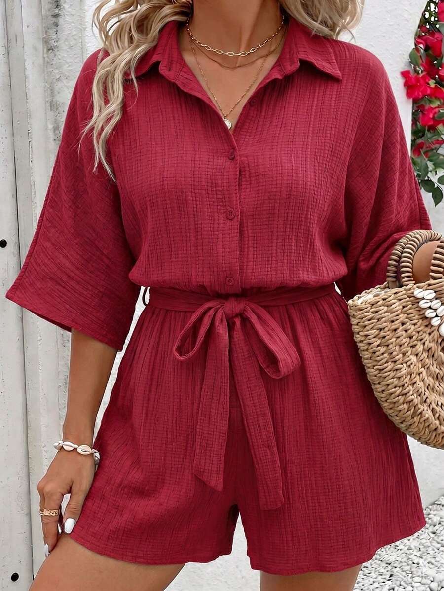 SHEIN VCAY Jumpsuit Kasual Wanita Ukuran Besar Warna Polos dengan Sabuk - Redwood - View 1