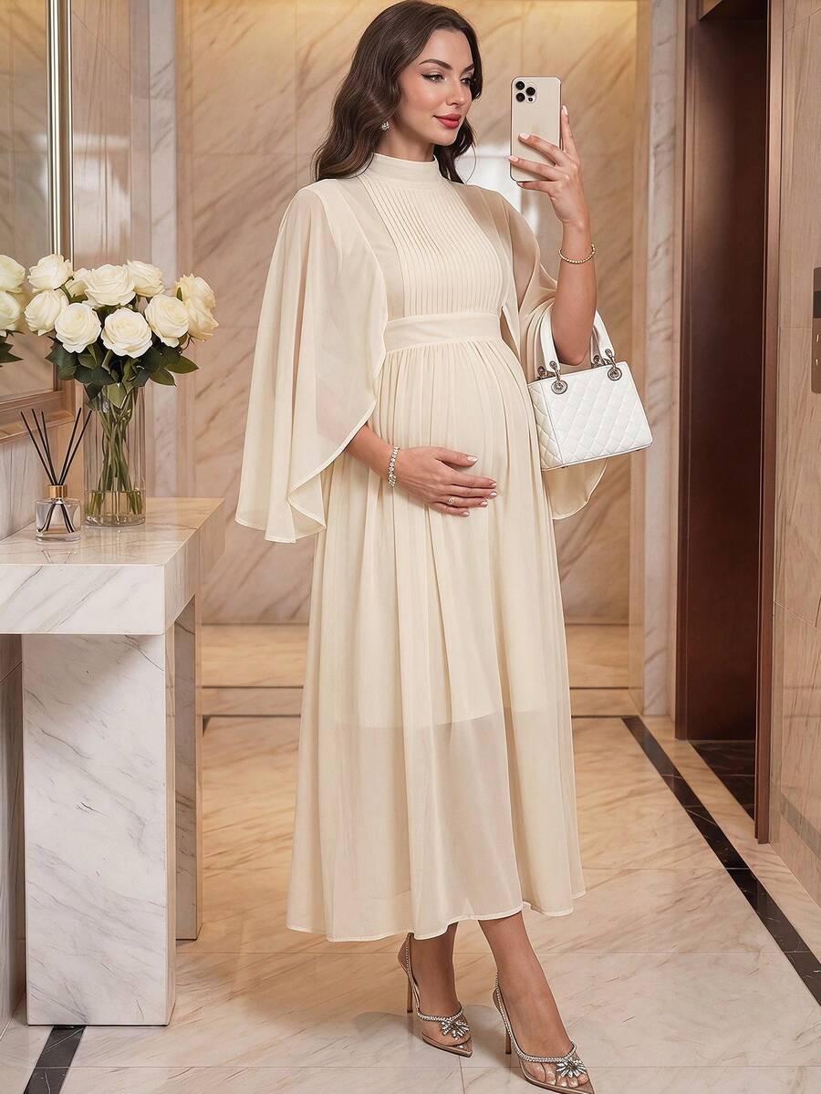 SHEIN 孕妇立领披肩袖优雅夏季连衣裙 - 杏色 - 查看 1