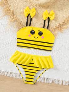 Bộ bikini in hình hoạt hình sọc khối màu cho cô gái trẻ cho kỳ nghỉ bãi biển Bãi biển mùa hè - Màu vàng - Xem 5