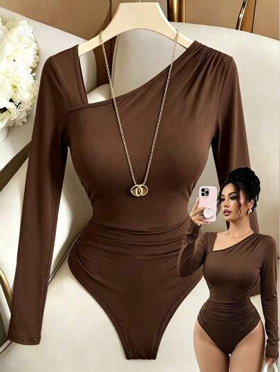 Elenzga Nuevo body de mujer de diseño de hombro oblicuo de tela elástica de punto, de ajuste ceñido, de manga larga, elegante, casual y versátil, para otoño/invierno