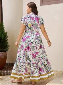 Comfylo Plus Size Minimalist Colorful Floral Print Short Sleeve Dress Holiday Holiday Vacation White Floral Summer Boho - Multicolor - View 3