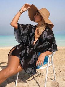 Swim Lushoire 1pc Women Beach Cover Up, Leaf Branch Mesh Pattern, Casual Home Beach Pool Holiday, Spring/Summer - Multicolor - View 7