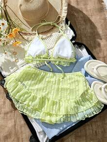 Bellisia Bộ bikini tam giác và váy đi biển bằng vải ren màu mơ ngọt ngào dành cho nữ, thích hợp cho kỳ nghỉ hè. - màu xanh lá - Xem 6