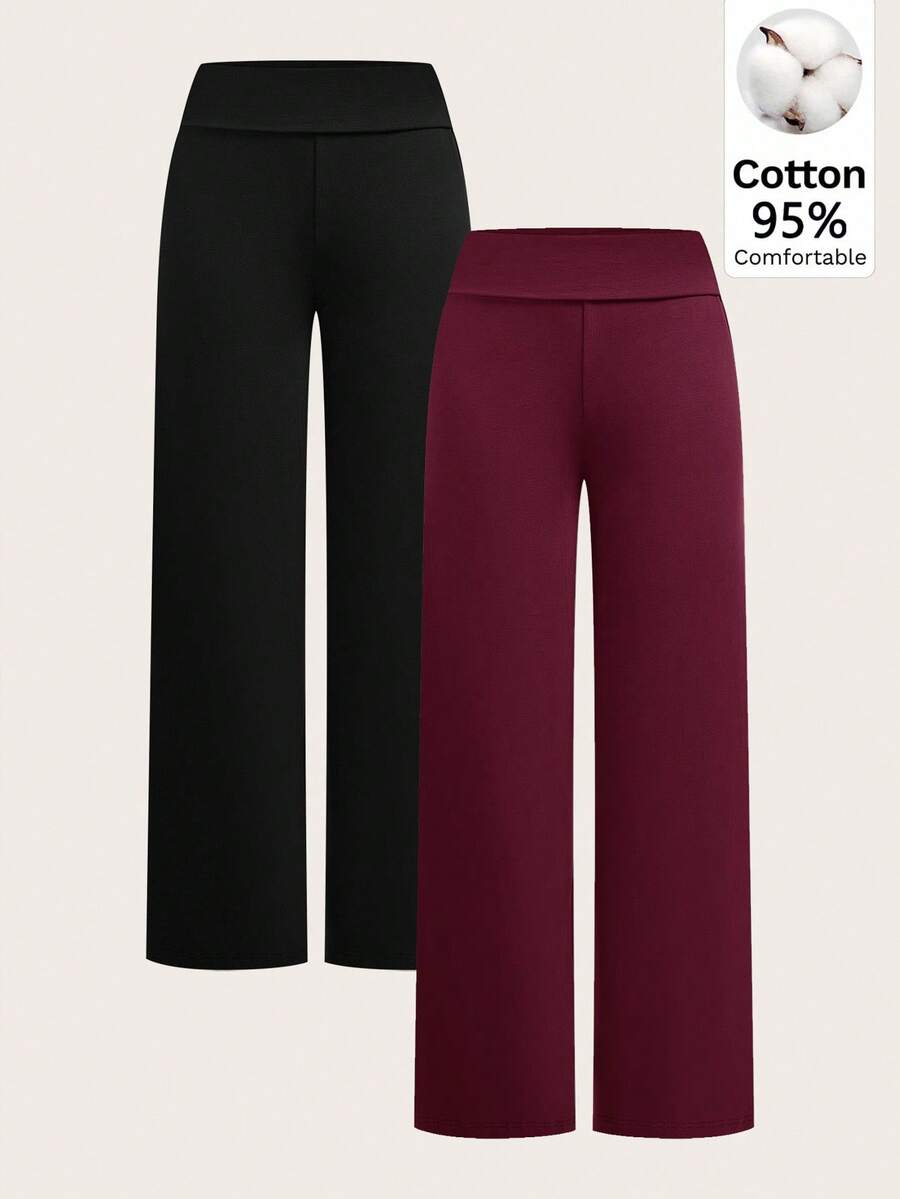 SHEIN EZwear 2件裝女款休閒素色黑色與酒紅色高腰寬腿直筒褲,適合夏季 - 彩色 - 查看 1