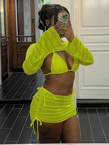 Vaytide New Spring Summer Neon Yellow Textured Mesh Semi-Sheer Halter Neck Side Tie Long Sleeve Crop Top With Side Drawstring, Sexy Beach Vacation 4-Piece Swimwear Set For Women - Green - View 1