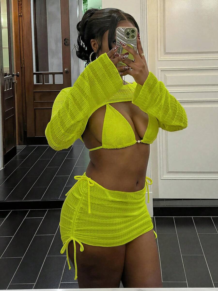 Vaytide New Spring Summer Neon Yellow Textured Mesh Semi-Sheer Halter Neck Side Tie Long Sleeve Crop Top With Side Drawstring, Sexy Beach Vacation 4-Piece Swimwear Set For Women - Green - View 1