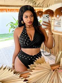 Swim Vcay Conjunto de tankini de traje de baño con cuello de halter y estampado, talla grande - Multicolor - Ver 7