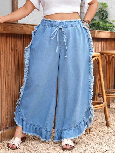 EMERY ROSE Jeans rectos de tela vaquera azul claro sin estiramiento y cómodos para mujer de talla grande con dobladillo con volantes