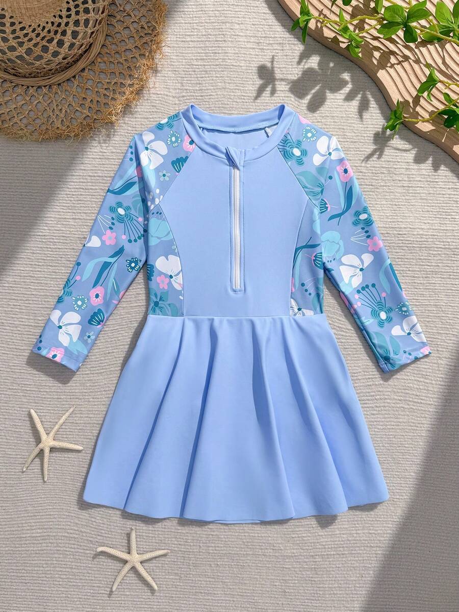 Young Girls Round Neck Raglan Sleeve Half-Zip One-Piece Swimsuit - Blue - View 1