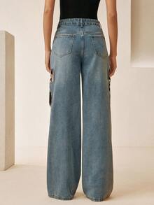 Anewsta Celana Jeans Biru Model Lurus dengan Hiasan Pita dan Motif Berlian Berongga untuk Wanita di Musim Panas - Biru - View 5