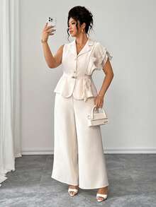 Elenzga Plus Size Women Summer Elegant 2-Piece Suit Set,White,Autumn,Basic,Office,Apricot & Champagne Ruffle One-Shoulder Jacket & Wide Leg Pants  Waist Belt - Apricot - View 6