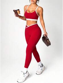 Dewbera Dewbera Women's Contrast Color Casual Sports Set - Burgundy - View 2