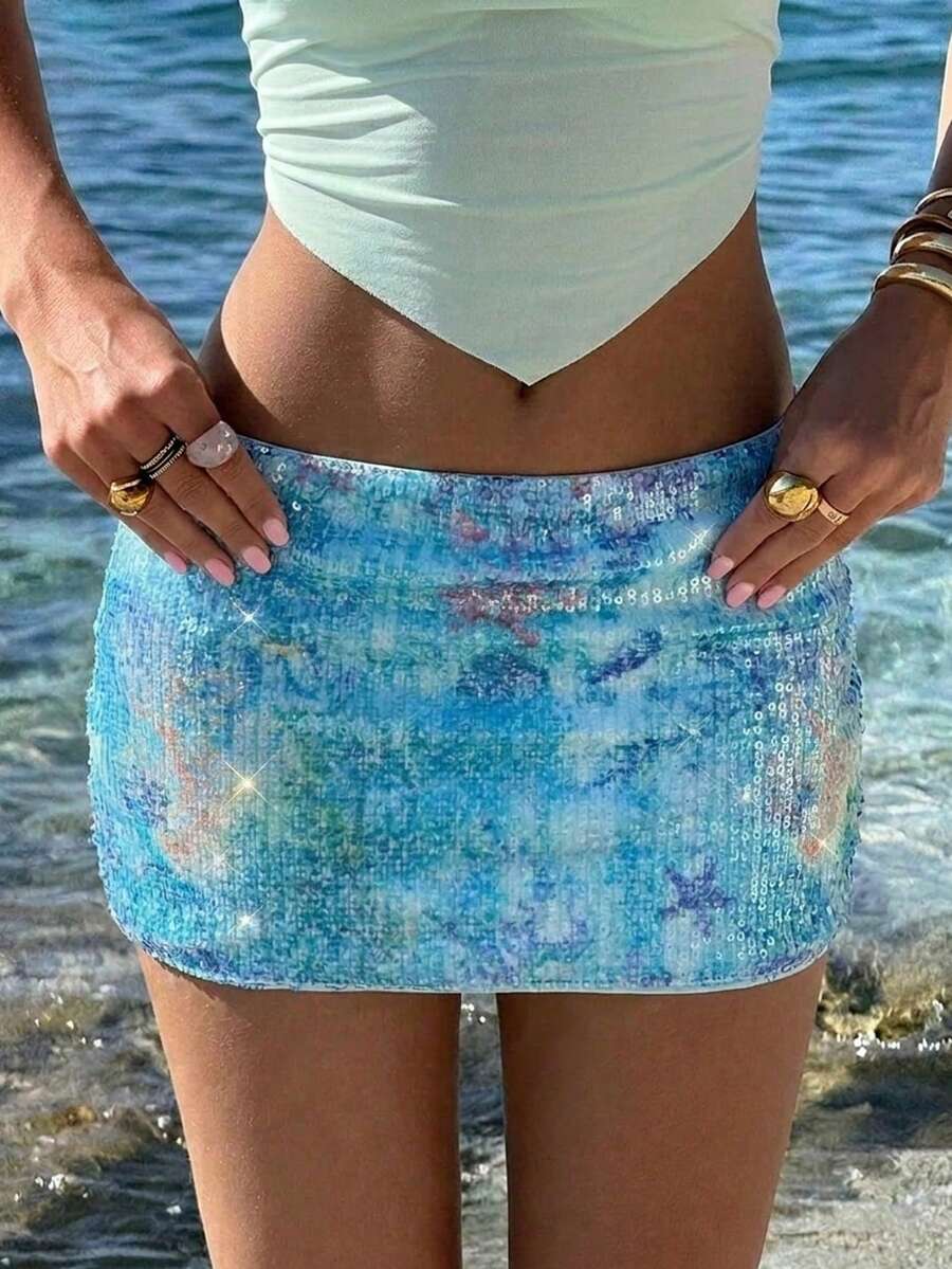 SHEIN ICON Minifalda con lentejuelas para vacaciones en la playa - Azul - Ver 1