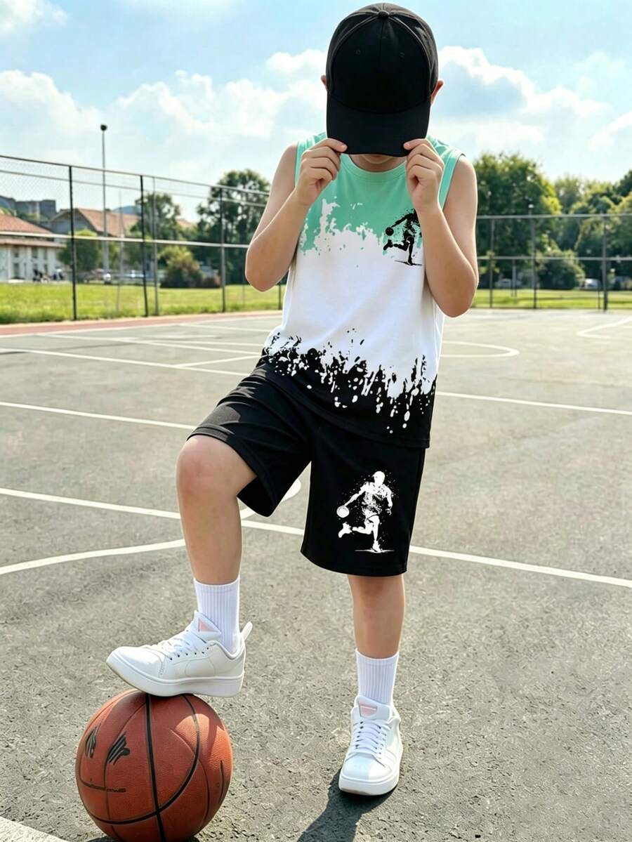 2 piezas Conjunto de chaleco y pantalones cortos de baloncesto con degradado de teñido anudado para niños, primavera/verano - Multicolor - Ver 1