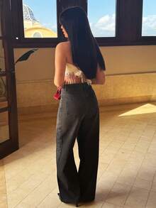 Hitanina 女士新款时尚水钻装饰牛仔裤 - 黑色 - 查看 2