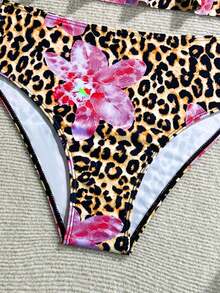SHEIN Bộ đồ bơi tankini hai mảnh họa tiết hoa và da báo dành cho thiếu nữ, đồ bơi mùa hè họa tiết da báo, đồ bơi họa tiết động vật, đồ bơi da báo cho thiếu nữ, đồ bơi hai mảnh họa tiết da báo, tankini họa tiết da báo, đồ bơi họa tiết hoa và da báo, áo bơi họa tiết da báo. - Nhiều màu - Xem 3