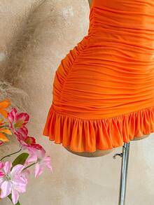Soleia Đầm ngắn cổ yếm màu trơn, xếp ly, dành cho nữ, thích hợp cho kỳ nghỉ. - Màu Cam cháy - Xem 7