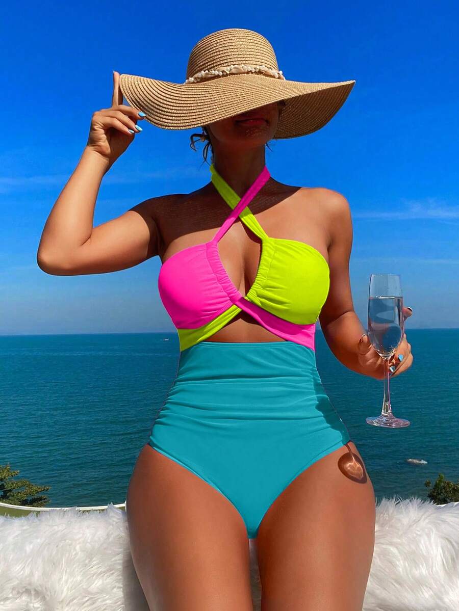 SHEIN BamGlam Áo tắm liền thân hở lưng, buộc cổ, phối màu dành cho nữ, thích hợp cho kỳ nghỉ biển. - Nhiều màu - Xem 1