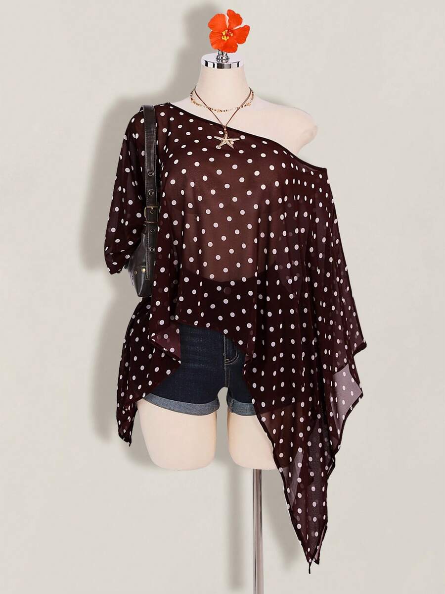 SHEIN ICON 大码女式夏季度假豹纹雪纺罩衫 - 棕色 - 查看 1