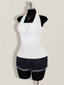 SHEIN ICON 加大码 2 件套 西式女士外出夏季波西米亚风露背棕色吊带背心和吊带衫 - 白色 - 查看 9