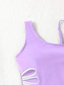 SHEIN Traje de baño de una pieza con cuello asimétrico para niña preadolescente con recortes laterales, de moda, casual y elegante, adecuado para nadar, vacaciones - Púrpura malva - Ver 4