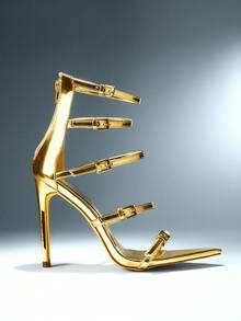 SHUZIA Giày sandal cao gót mũi nhọn đế đơn bằng da giả PU màu vàng ánh kim ánh kim lấp lánh, kiểu dáng dễ thương, gợi cảm, thích hợp cho đám cưới, tiệc tùng, kỳ nghỉ, mùa xuân, hộp đêm, phong cách hot girl mùa hè. - Vàng - Xem 5