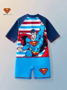 SUPERMAN X SHEIN Maija Kids 男童春夏修身拼接泳装，合作款 - 藍色 - 查看 1