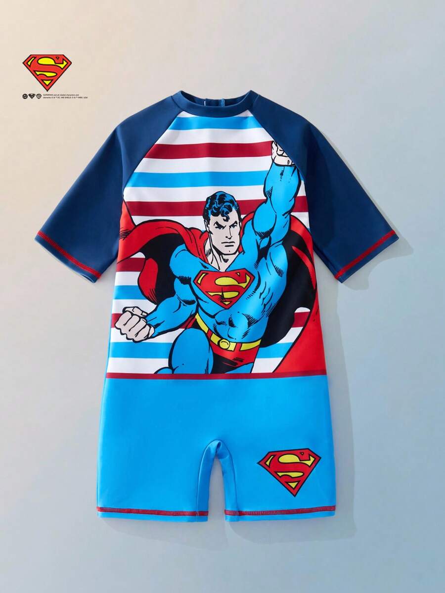 SUPERMAN X SHEIN Maija Kids 男童春夏修身拼接泳装,合作款 - 藍色 - 查看 1