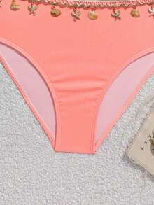 SHEIN Teen Girls Tankinis Fluorescent Orange Ribbed Fabric Adjustable Spaghetti Strap Bikini Set With Shell & Starfish Decor - Red - View 5