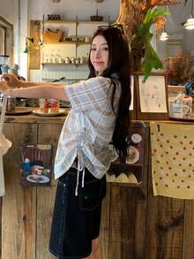 DAZY Áo sơ mi nữ tay ngắn cổ bẻ kẻ caro dáng suông, có dây rút, thích hợp cho mùa xuân/hè. - Màu xanh nhạt - Xem 2