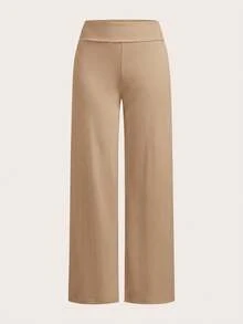 SHEIN EZwear 女款休閒高腰摺疊寬腿直筒長褲，春夏秋冬日常健身運動穿搭，黑色卡其色 - 彩色 - 查看 5