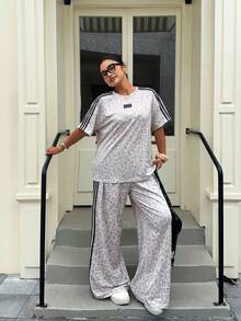 Muchica Plus Size Women Leopard Print & Striped Short Sleeve T-Shirt And Casual Pants Set - Multicolor - View 7