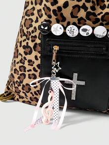 ROMWE Y2K Gothic Leopard Drawstring Backpack - Rhinestone Cross With Note Bow Pendant Zip Pocket Backpack For Campus And Street Style - Leopard print - View 4