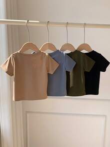 SHEIN 男女宝宝4件套纯色基础款圆领短袖针织T恤套装，舒适休闲百搭，适合春夏室内外活动 - 彩色 - 查看 2