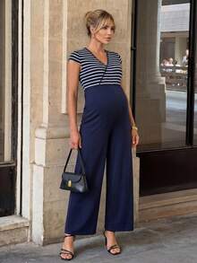 MaterniWear 孕妇夏季休闲度假通勤拼接条纹蝙蝠袖哺乳连体衣 - 寶藍色 - 查看 3