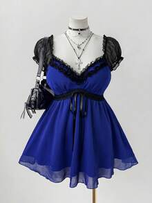 Sunspun Plus Size Women Lace Patchwork Sweetheart Collar Shirt - Royal Blue - View 1