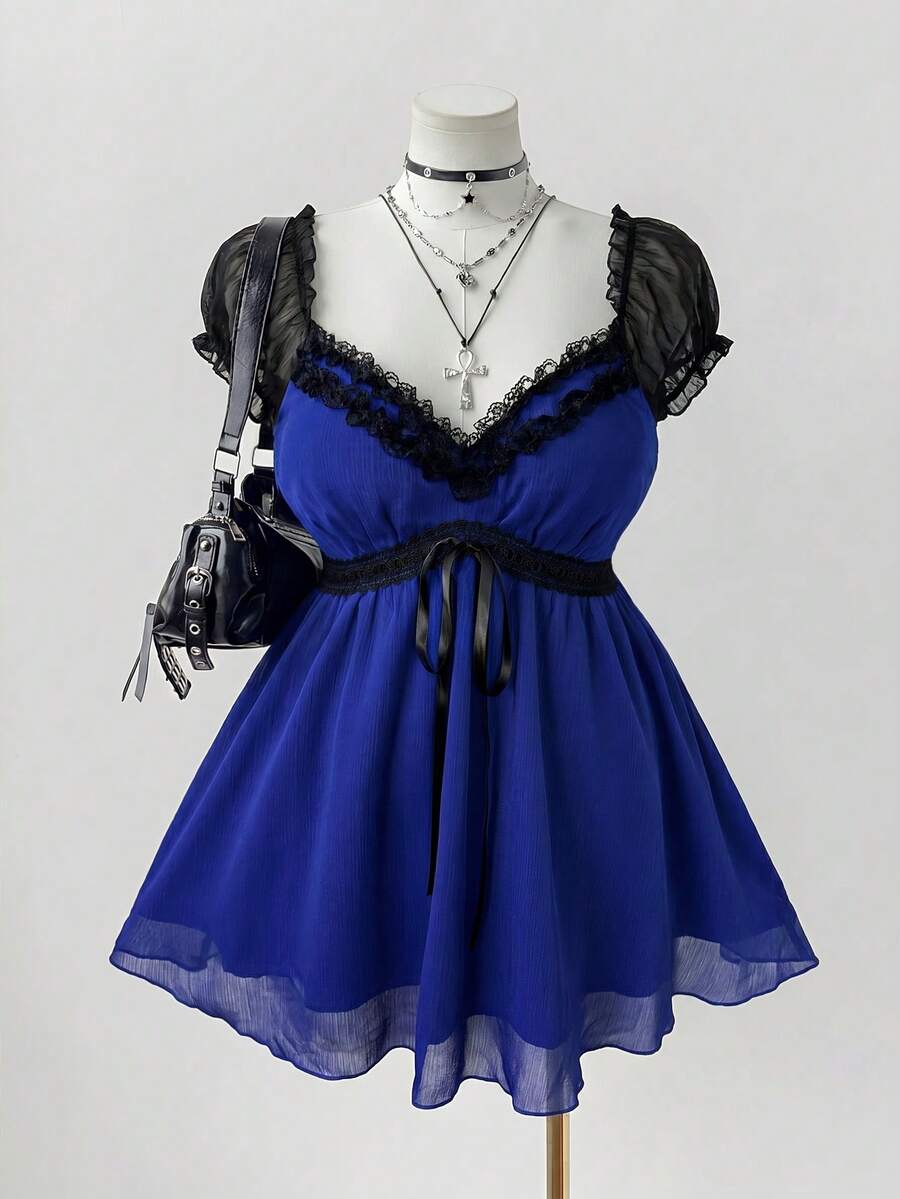 Sunspun Plus Size Women Lace Patchwork Sweetheart Collar Shirt - Royal Blue - View 1