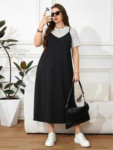 SHEIN LUNE 大尺碼女款純色細肩帶洋裝與波點短袖上衣休閒日常兩件套 - 彩色 - 查看 3