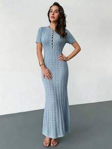 SHEIN Raffinéa Đầm len nữ mùa xuân/hè dáng ôm vừa vặn, cổ tròn, tay ngắn, cài khuy nửa thân, vạt đuôi cá, màu mơ. - Màu xanh lam - Xem 5
