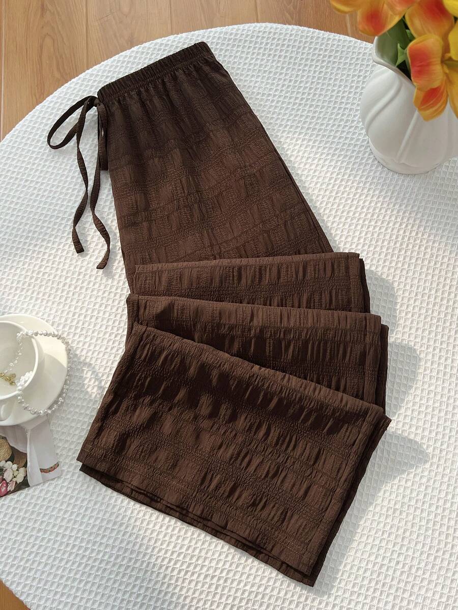 SHEIN Sweetro Y2K休闲度假风纹理面料阔腿裤 - 咖啡棕 - 查看 1